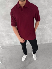 Yakalı Patlı Kısa Kol T-shirt - Bordo