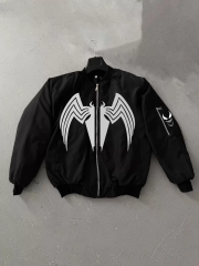 Unisex Siyah Bomber Mont – Venom Beyaz Örümcek Logolu, Fermuarlı Cepli, Kapitone Astarlı Günlük Mont - Siyah