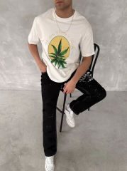 Ön ve Arka Baskılı Oversize Bisiklet Yaka T-shirt- Beyaz