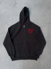 Üç İplik Baskılı Fermuarlı Kapüşonlu Hırka - Siyah