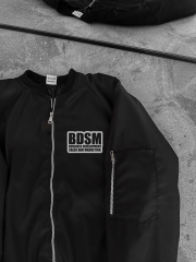 Erkek Siyah Bomber Mont – Fermuarlı, Cepli, Kapitone Astarlı, Göğüs Baskılı Tasarım Günlük Rahat Ceket - Siyah