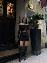 Straplez , Madonna , Carmen Yaka Croplu Mini Etekli ikili Takım Triko - Siyah