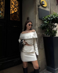 Straplez , Madonna , Carmen Yaka Croplu Mini Etekli ikili Takım Triko - Beyaz