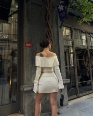 Straplez , Madonna , Carmen Yaka Croplu Mini Etekli ikili Takım Triko - Beyaz