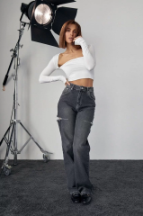 Kara Yaka Uzun Kollu Crop - Beyaz