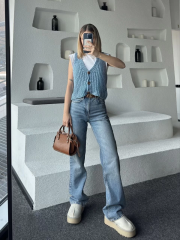 Triko Kolsuz Düğmeli Yelek - Mavi