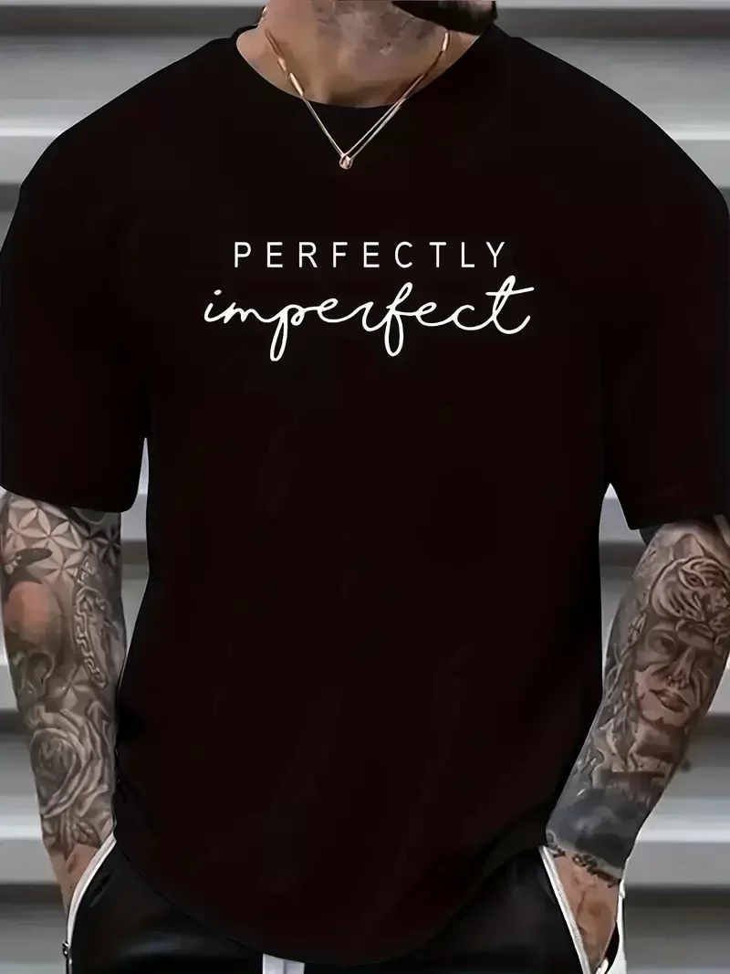 erkekler için Ön Arka Baskılı PERFECTLY günlük Kısa Kol tişört - Siyah
