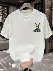 Güneş Gözlüğü Grafikli Karikatür Tavşan Oversize Kısa Kollu Tişört Çift Tişört, İlkbahar Ve Yaz - Beyaz