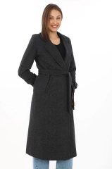 Kadın Astarlı Balık Sırtı Kaşmir Kaşe Kaban - Siyah