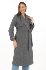 Kadın Balık Sırtı Kaşmir Uzun Kaşe Kaban - Boyalı Gri