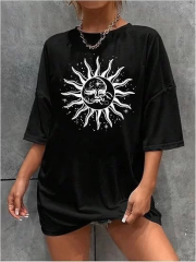 Kadın Bisiklet Yaka Baskılı T-shirt - Siyah