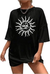 Kadın Bisiklet Yaka Baskılı T-shirt - Siyah