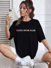 Kadın Bisiklet Yaka Baskılı T-shirt - Siyah