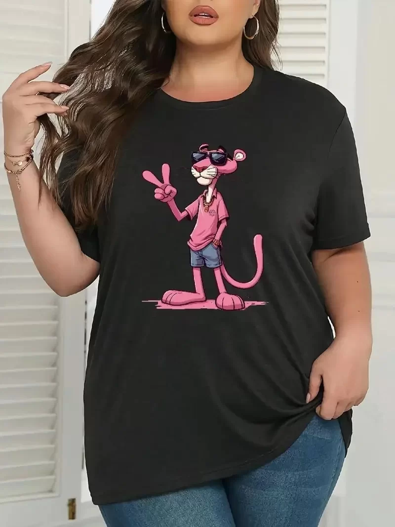 20/1 Penye Compack Pembe Panter Baskılı Oversize Bisiklet Yaka Kısa Kol Yazlık T-shirt - Beyaz