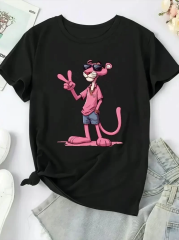 20/1 Penye Compack Pembe Panter Baskılı Oversize Bisiklet Yaka Kısa Kol Yazlık T-shirt - Beyaz