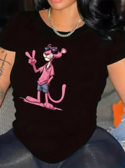 20/1 Penye Compack Pembe Panter Baskılı Oversize Bisiklet Yaka Kısa Kol Yazlık T-shirt - Beyaz