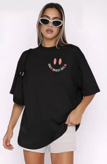 Kadın Bisiklet Yaka Kısa Kol Baskılı T-shirt - Siyah