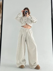 Uzun Kollu Önü İp Büzgülü Crop ve Pantolon İkili Takım - Gri