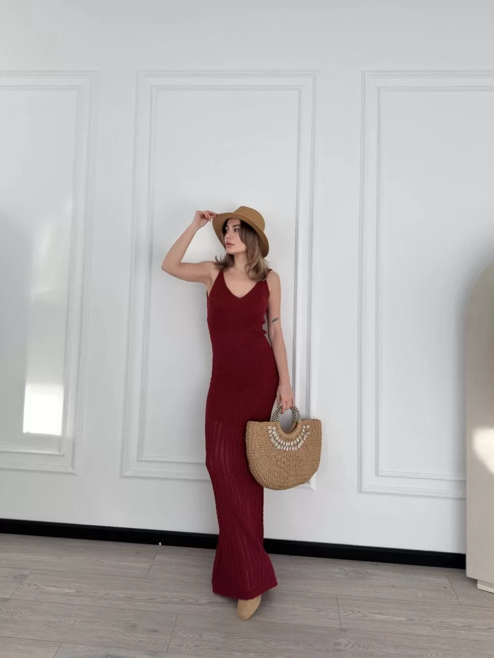 Örgülü Uzun Triko Elbise - Bordo