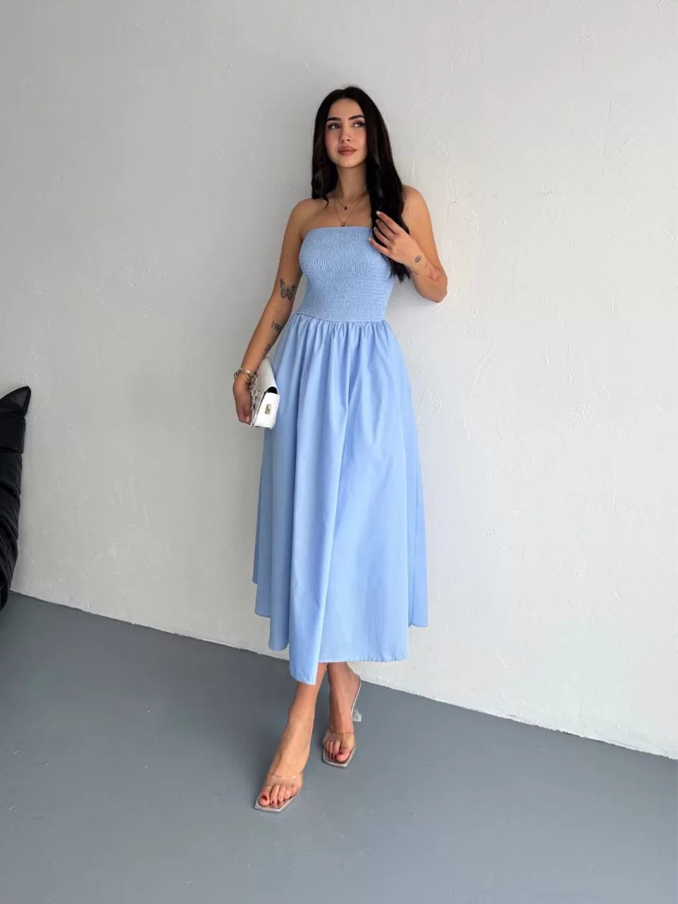 Straplez Pileli Elbise - Açık Mavi