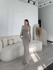 Kolsuz Uzun Likralı Elbise - Gri