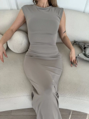 Kolsuz Uzun Likralı Elbise - Gri