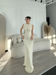 Kalın Fitilli Uzun Triko Elbise - Kırık Beyaz