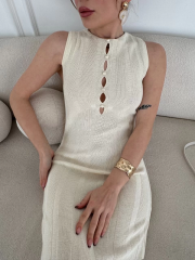 Kalın Fitilli Uzun Triko Elbise - Kırık Beyaz