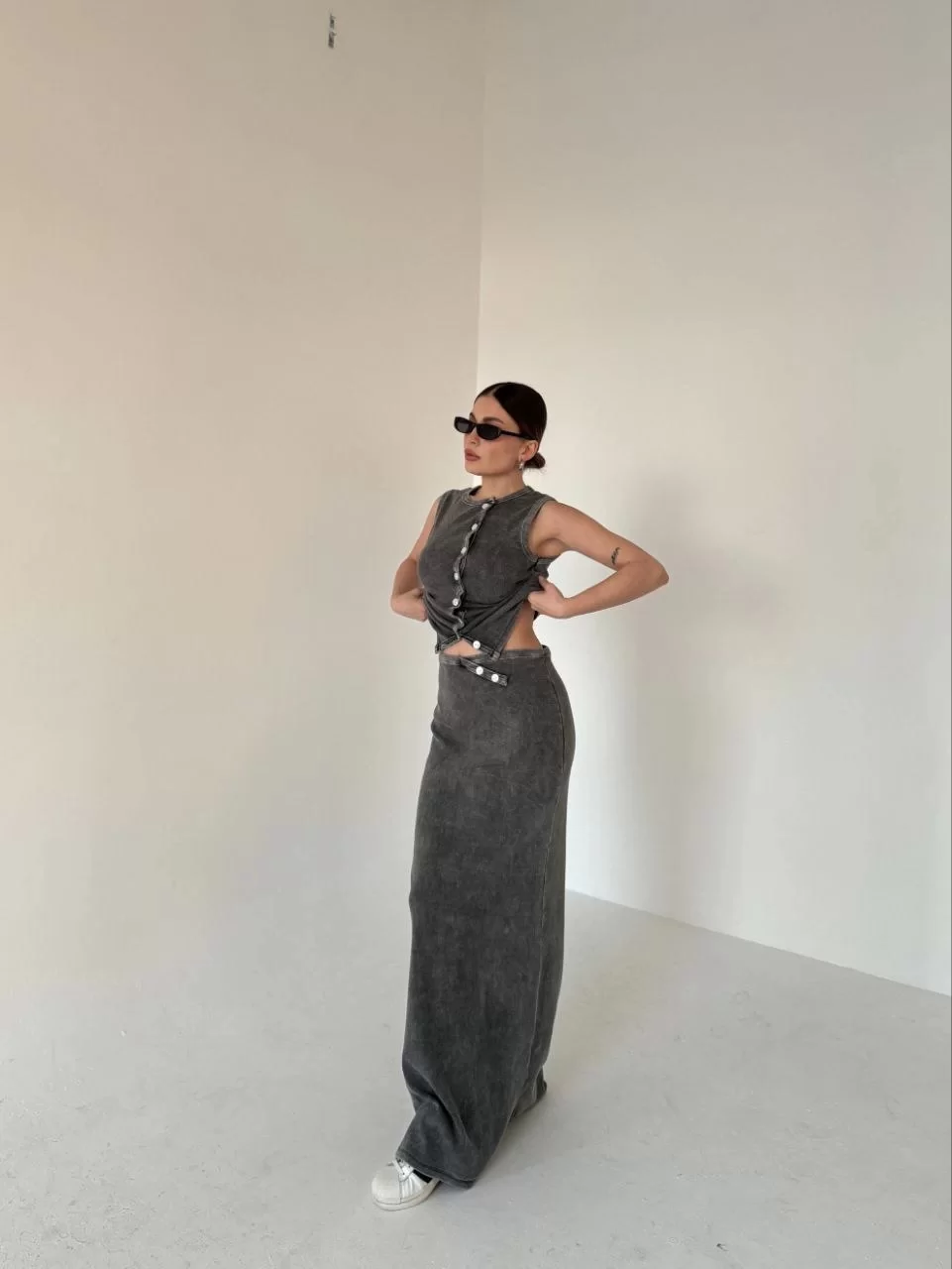 Uzun Etekli Önü Düğmeli Badi İkili Takım- Antrasit