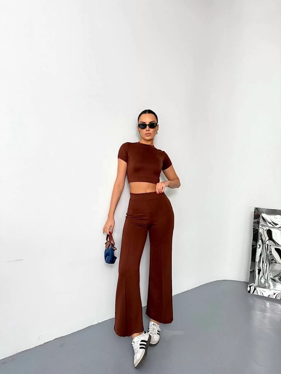 Osy Modal Yumuşak Dokulu Kumaş Kısa Kollu Crop Alt ispanyol Paça Pantalon ikili Takım - Kahverengi