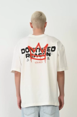 Unisex Bisiklet Yaka Baskılı Oversize T-Shirt - Beyaz