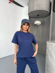 Osy Modal Yumuşak Dokulu Kumaş Kısa Kollu Bluz Rahat Pantalon ikili Takım- Lacivert