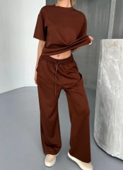 Osy Modal Yumuşak Dokulu Kumaş Kısa Kollu Bluz Rahat Pantalon ikili Takım- Kahverengi