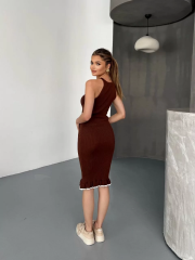 Fırfır Detaylı Triko Elbise- Kahverengi