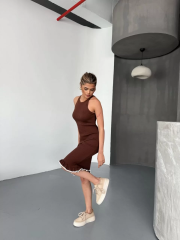 Fırfır Detaylı Triko Elbise- Kahverengi