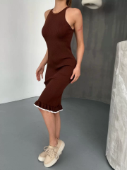 Fırfır Detaylı Triko Elbise- Kahverengi