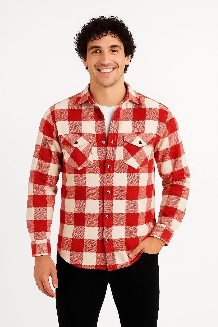 Erkek Oduncu Gömlek – Uzun Kollu, Şardonlu Kumaş, Kareli Desen, Regular Fit, Manşetli, Çift Cepli, Rahat Günlük Bahar & Kış Stil - Kırmızı