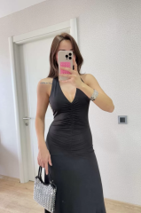 Sırt dekolteli Uzun Elbise - Siyah