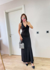 Sırt dekolteli Uzun Elbise - Siyah