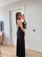 Sırt dekolteli Uzun Elbise - Siyah