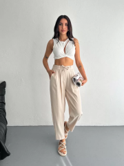 Kadın Yüksel Bel Beli Bağcıklı Rahat Boru Paça Pantalon - Kırık Beyaz