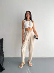 Kadın Yüksel Bel Beli Bağcıklı Rahat Boru Paça Pantalon - Kırık Beyaz