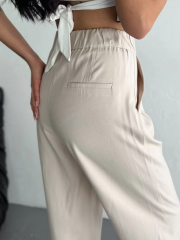 Kadın Yüksel Bel Beli Bağcıklı Rahat Boru Paça Pantalon - Kırık Beyaz