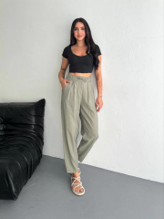 Kadın Yüksel Bel Beli Bağcıklı Cepli Rahat Paça Pantalon - Su Yeşili