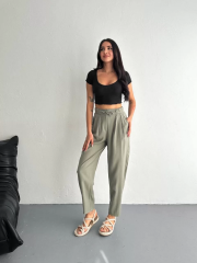 Kadın Yüksel Bel Beli Bağcıklı Cepli Rahat Paça Pantalon - Su Yeşili