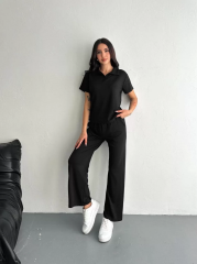 Osy Modal Yumuşak Dokulu Kumaş Kısa Kollu Yakalı T-shirt Pantalon ikili Takım- Siyah