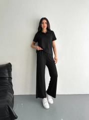Osy Modal Yumuşak Dokulu Kumaş Kısa Kollu Yakalı T-shirt Pantalon ikili Takım- Siyah