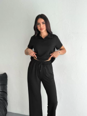 Osy Modal Yumuşak Dokulu Kumaş Kısa Kollu Yakalı T-shirt Pantalon ikili Takım- Siyah