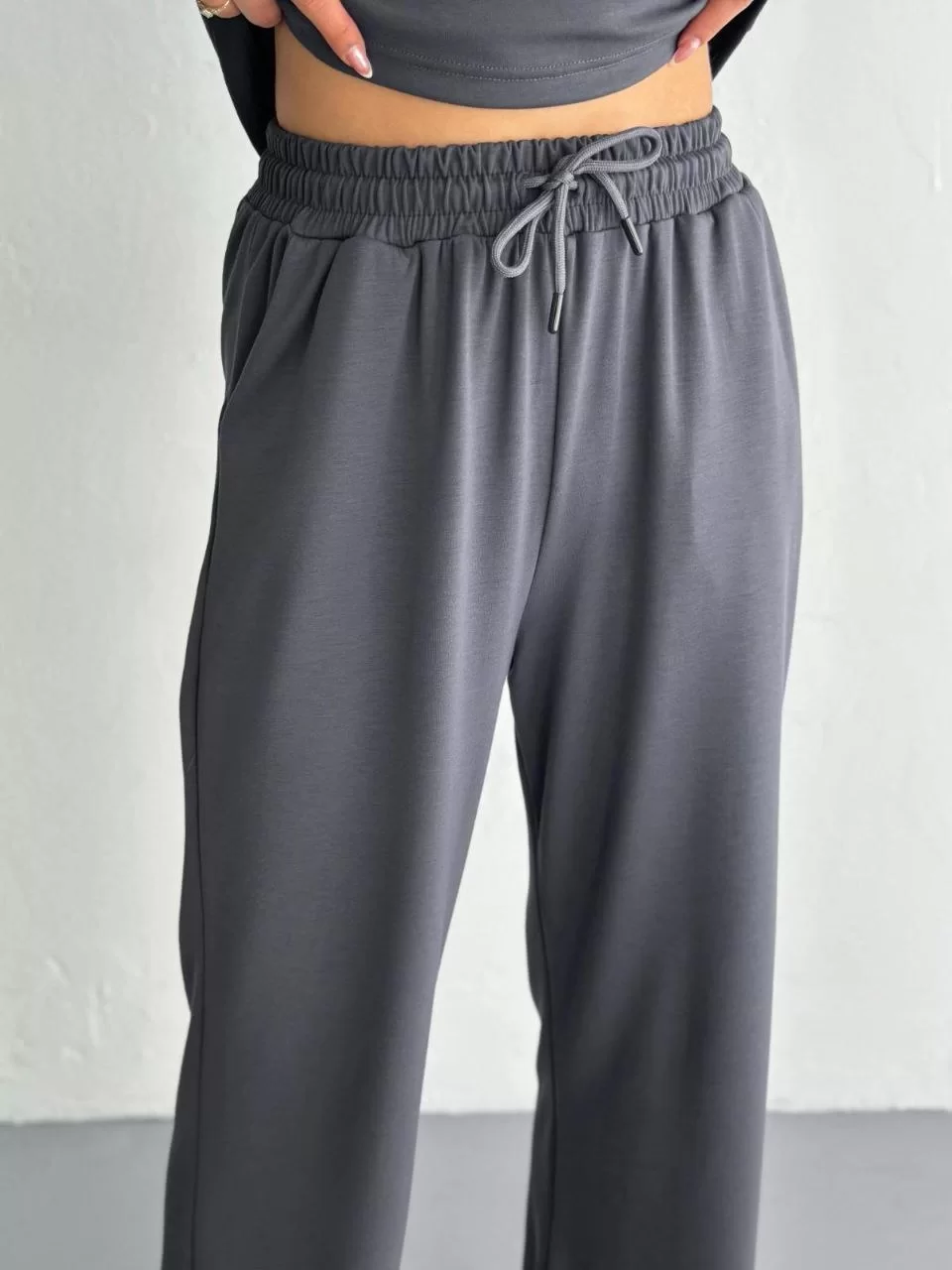 Osy Modal Yumuşak Dokulu Kumaş Kısa Kollu Yakalı T-shirt Pantalon ikili Takım- Antrasit