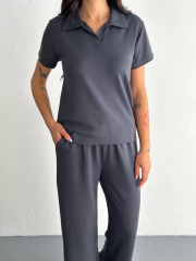 Osy Modal Yumuşak Dokulu Kumaş Kısa Kollu Yakalı T-shirt Pantalon ikili Takım- Antrasit